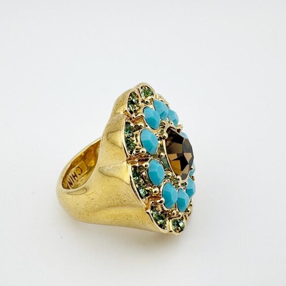 Vintage Boho Floral Statement Ring Turquoise & Green Stone Costume Jewelry - Picture 2 of 7